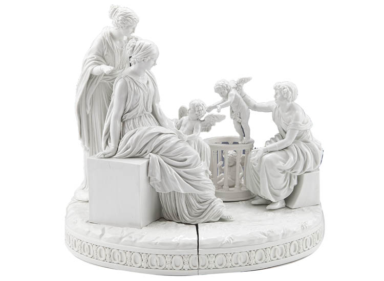 Manifattura di Meissen, Venditrice di amorini (1785), porcellana biscuit. Meissen, Staatliche Porzellan-Manufaktur